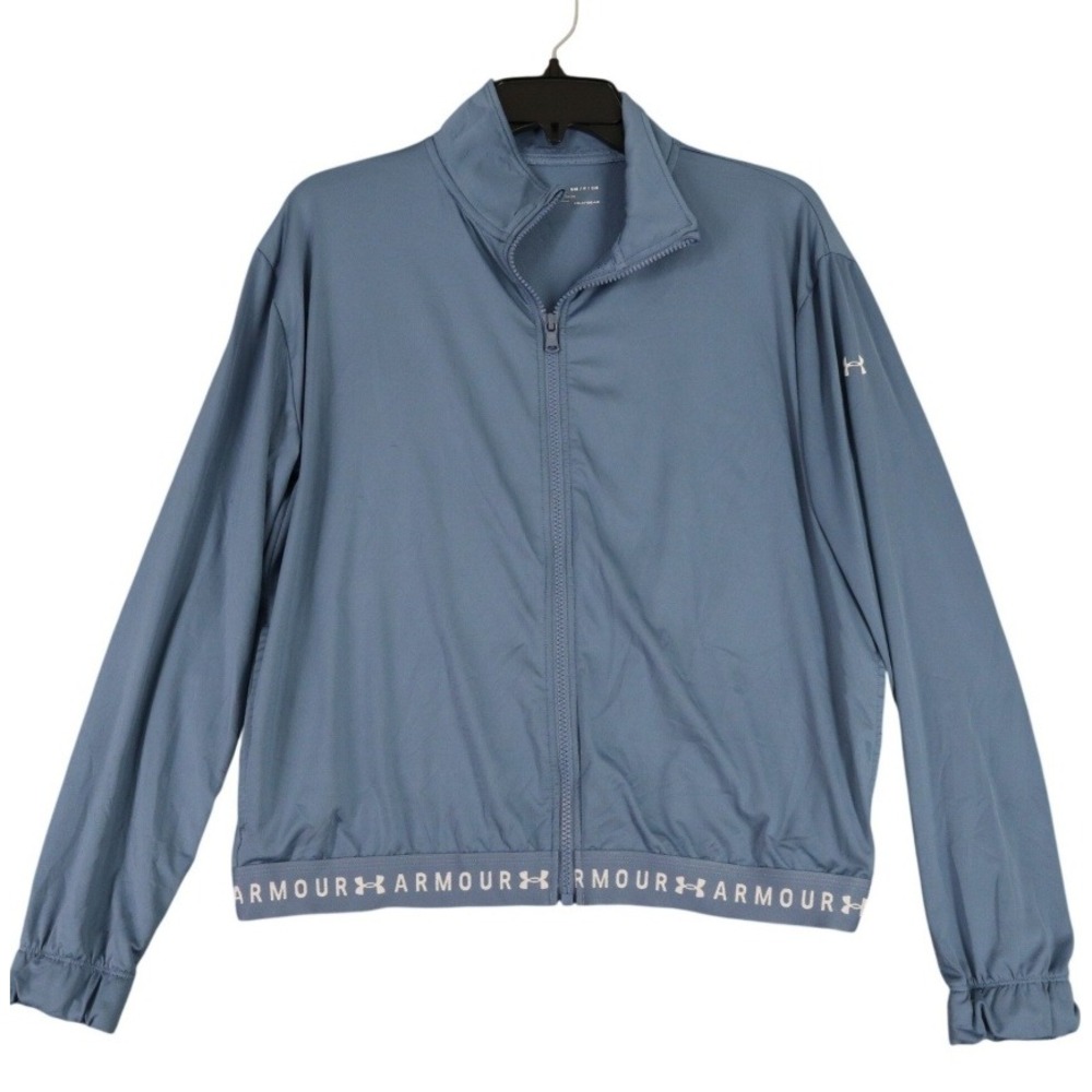 Under Armour Track Jacket Womens S Blue HeatGear Logo Hem Full Zip Gym Workout